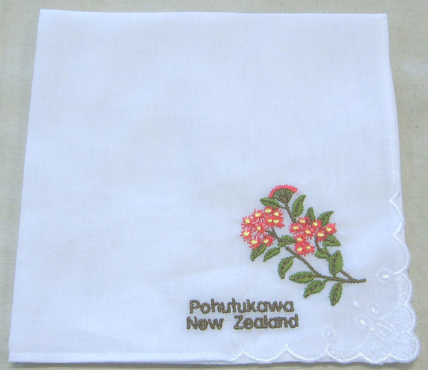 Ladies Embroidered Handkerchief F1154FP NZ Pohutukawa per Dozen